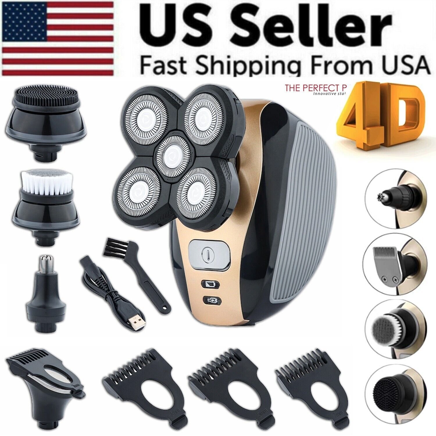 5-in-1 Rotary Electric Shaver 4D Rechargeable Bald Head Hair Beard ...